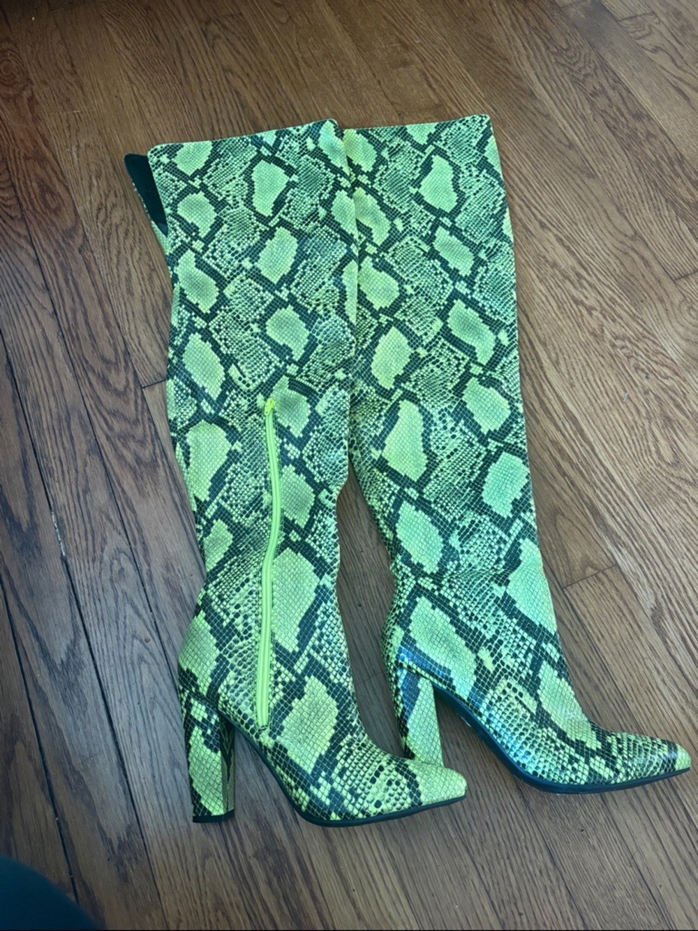 BAMBOO Neon Green Snake-Print Knee High Block Heel Boots